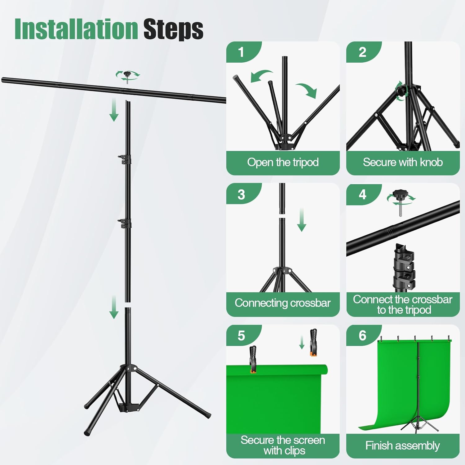 Green Screen Backdrop Kit, 5×7ft Portable Greenscreen Background with Adjustable T-Shaped Stand, 5 Clamps, Carrying Bag for Parties, Streaming, Photography, Zoom, Gaming, Video Studio