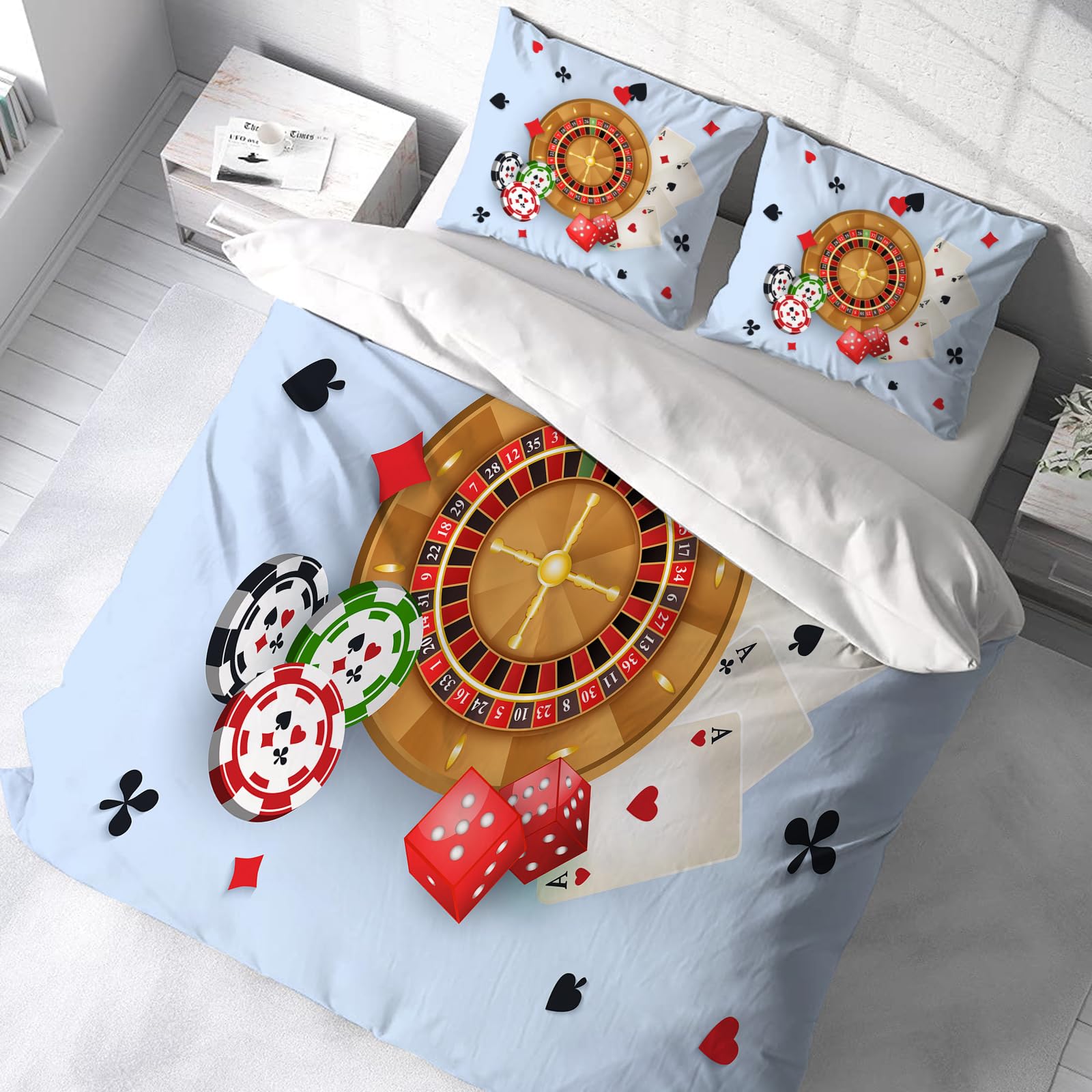 Ropa de Cama Cubierta de Conjunto elaborado en algodón 100%.,Especialmente Adecuado para hipoalérgicos,Diseño de Cartel de Casino con fichas de Ruleta, fichas, Naipes, Dados y pa,228x264cm