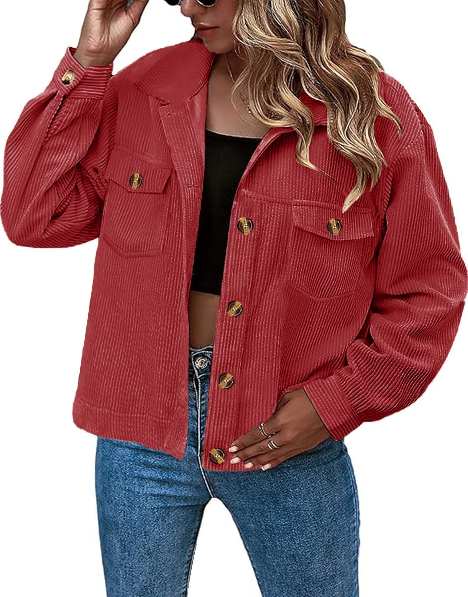 Alaster Queen Women's Corduroy Shacket Cropped Jacket Button Down Casual Lined Long Sleeve Jacket Tops with Pockets