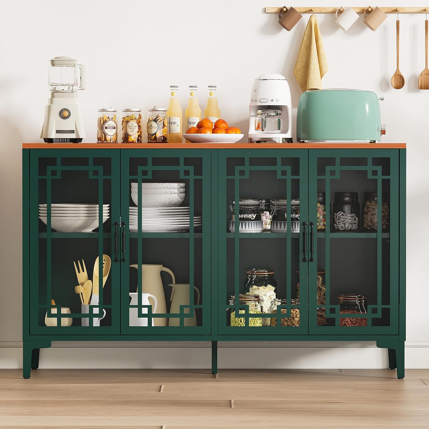 Sideboard Buffet Cabinet with 4 Glass Doors & COB Light, 53" Large Green Buffet Cabinet with Storage & Adjustable Shelf, Wooden Top Metal Farmhouse Sideboard Credenza for Living Room