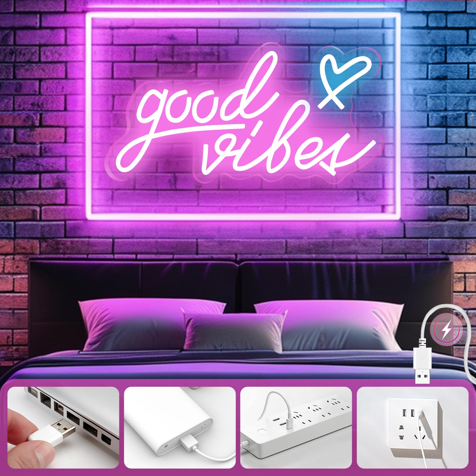Good Vibes Targa al neon,Insegna al Neon Led Personalizzata,USB, luce al neon, decorazione da parete a LED,Parete Scritta Luminosa Personalizzata per Feste Compleanno Matrimoni Negozi Bar (Rosa 2)