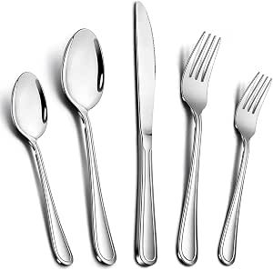 60-Piece Silverware Set, E-far Stainless Steel Classic Flatware Cutlery Set, Eating Utensils for Restaurant Hotel Party, Service for 12, Mirror Finish, Dishwasher Safe