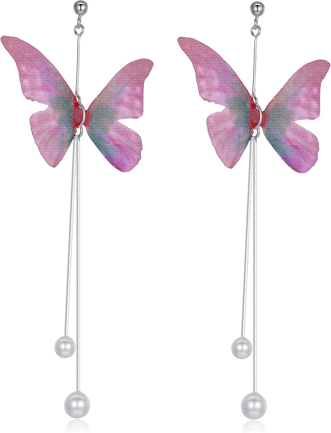 Metzakka Long Tassel Butterfly Dangle Earrings, Elegant Pearl Drop Dangle Sterling Silver Earrings For Women Gift (Pink)
