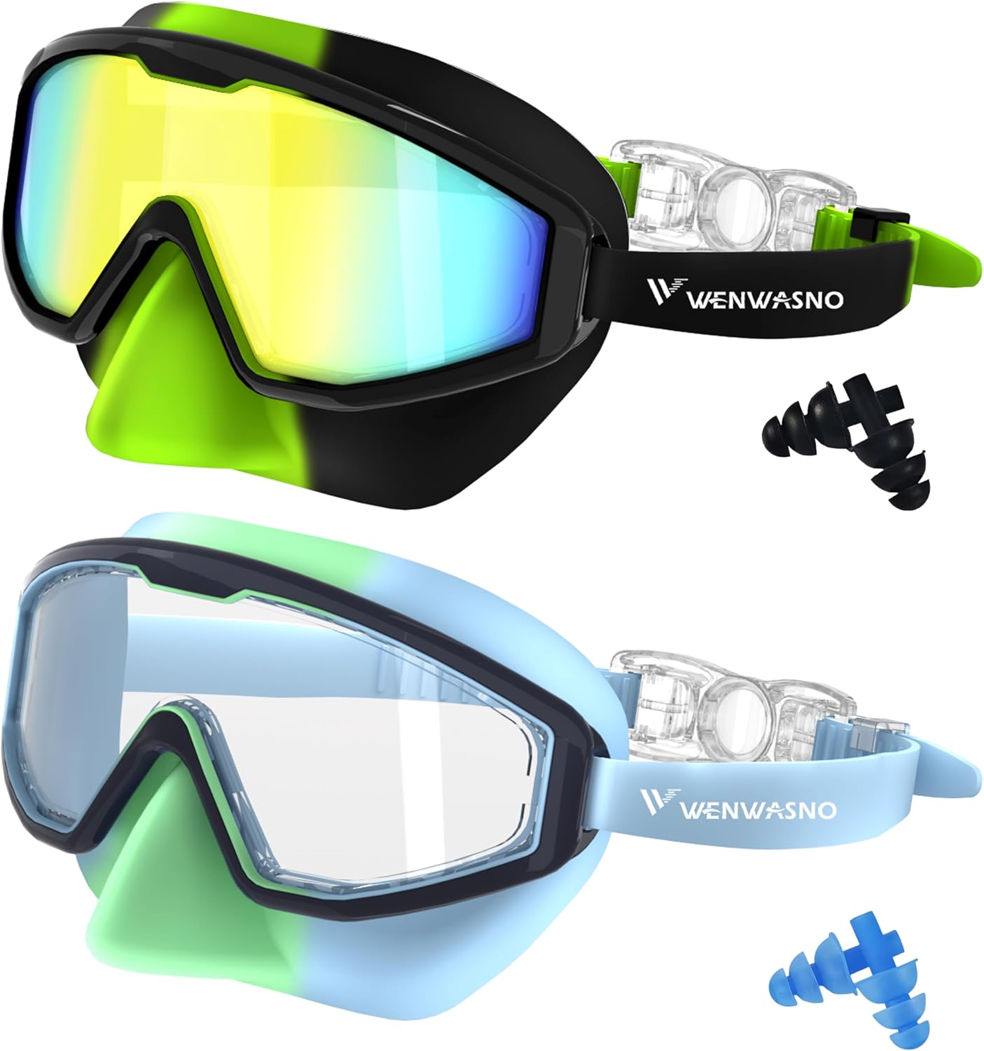Kids Swim Goggles 2pc with Nose Cover Wide View Diving Mask Anti Fog UV No Leaking Pool