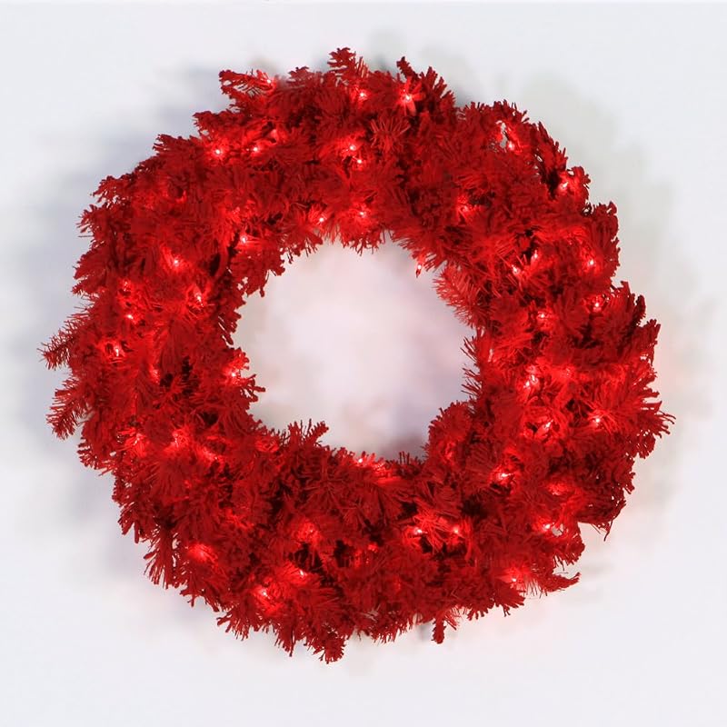 Vickerman K168137LED Wreath with 260 PVC Tips & 100 Dura-lit LED Italian Style Lights on Wire, 36", Flocked Red