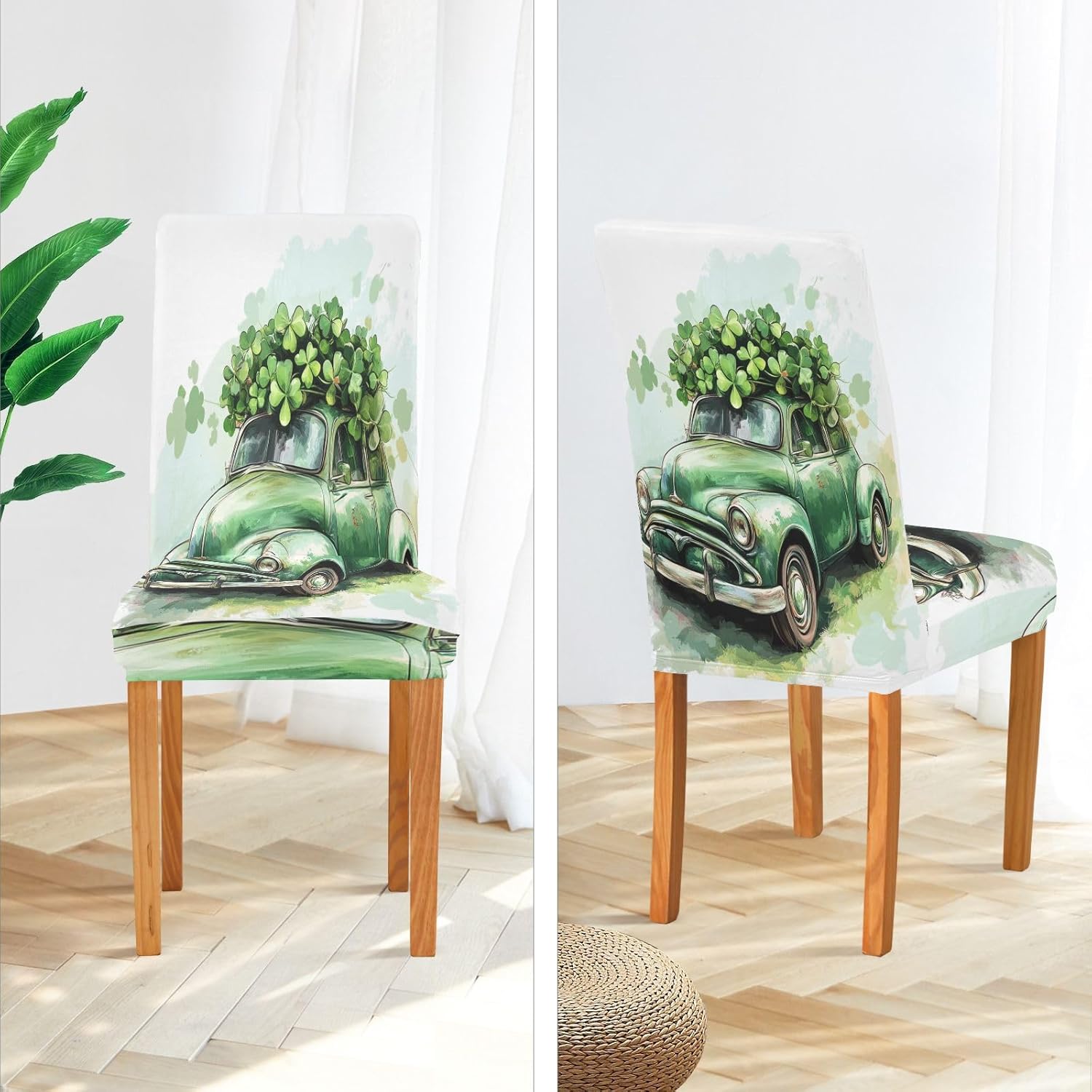 ALAZA Chair Covers for Dining Room, Stst. Patrick's Day Green Retro Car Carries Clover Leaves Stretch Chair Cover Sets Chair Protector Removable Washable for Ktichen Restaurant Hotel