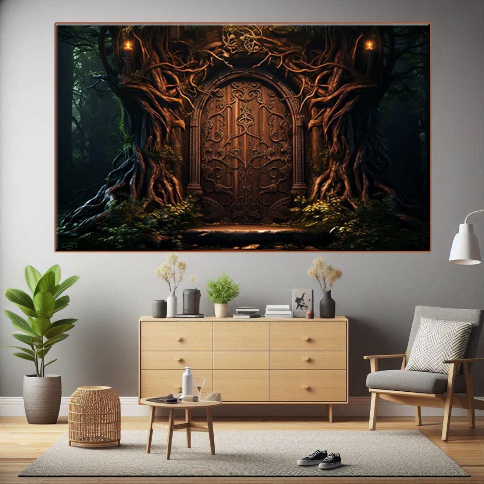 Obraz na płótnie z motywem drzwi leśnych, mistyczne drzewo, druk fantazyjny, sekretny ogród, dzieło sztuki leśnej, fantazyjne malarstwo (60 x 80 cm / rama wewnętrzna)