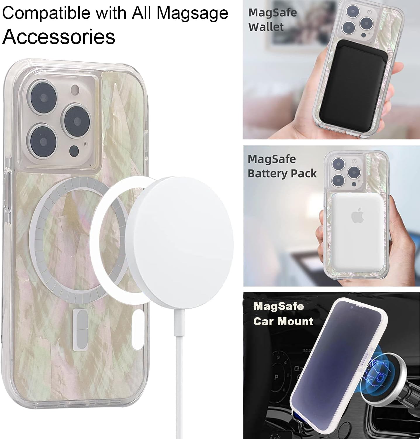 Magnetic Case for iPhone 16 Pro Max 6.9 inch Compatible with MagSafe Charging Bling Shiny Real Seashell Pattern Protective Cute Cover (Beige Mother of Pearl) - Image 3