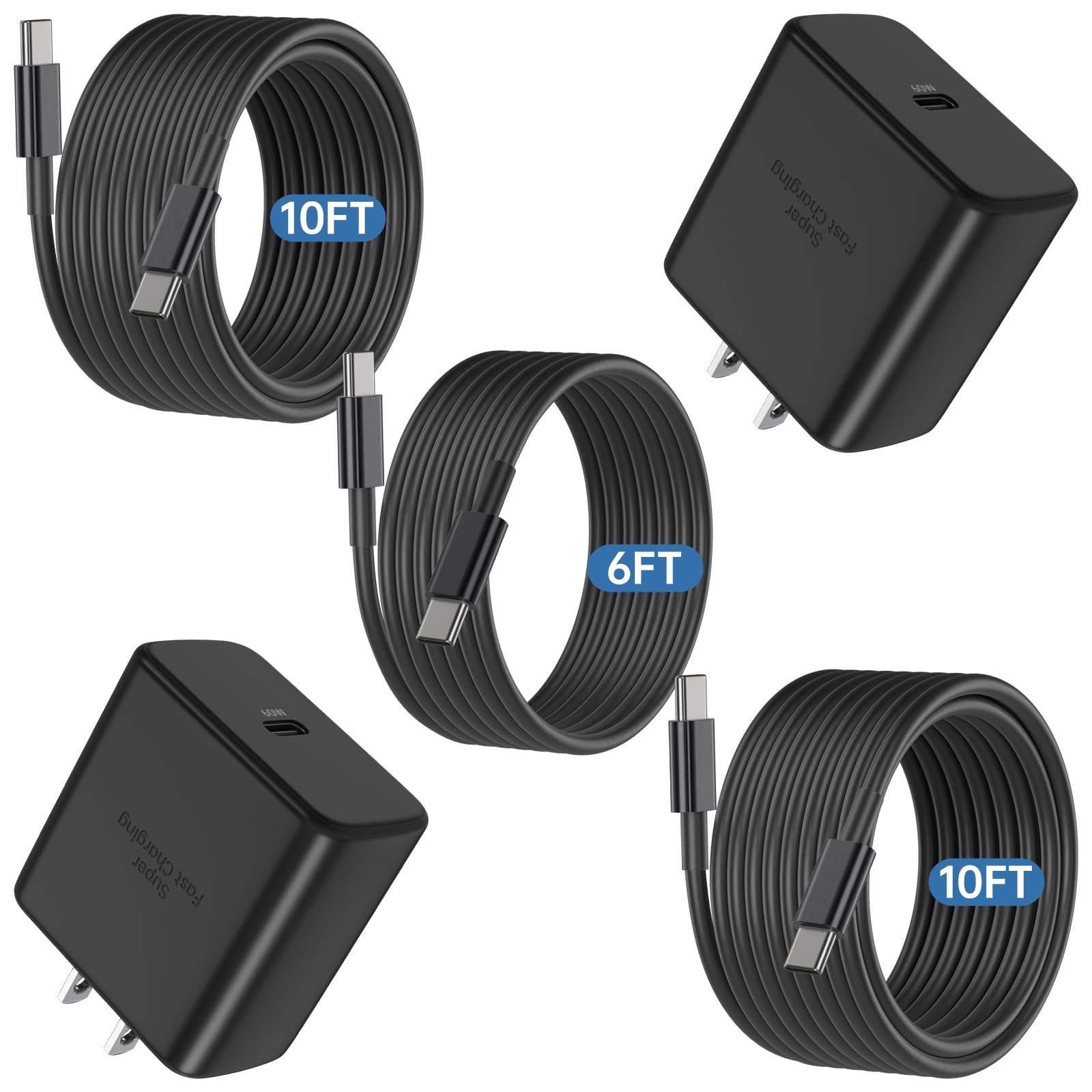60W USB C Super Fast Charger and 10ft/10ft/6ft Typ...