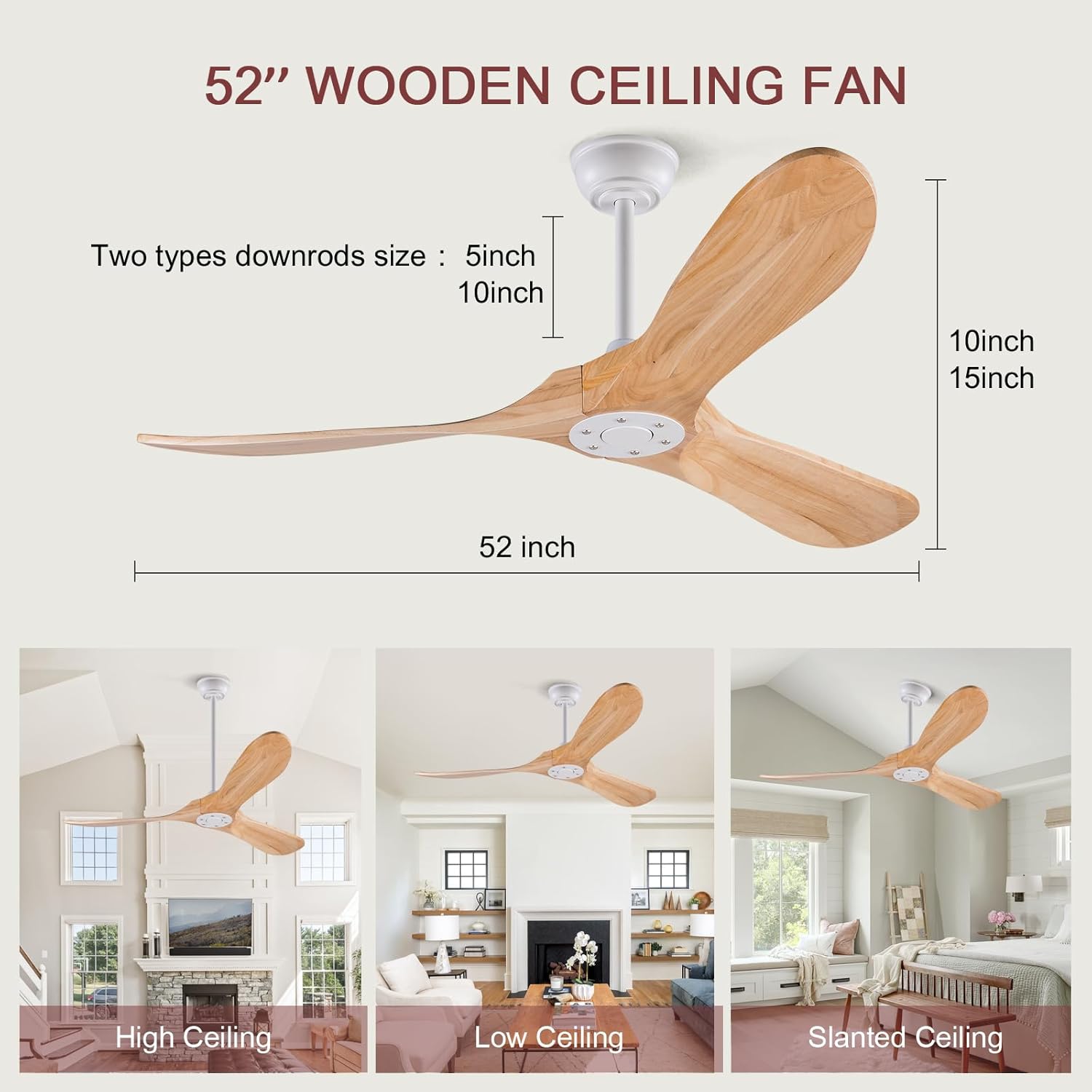 52 inch Ceiling Fan No Light,3 Natural Wood Blades, Modern Outdoor Fan with Remote for Outdoor Patio Balcony Indoor Dining Room Office,6 Speeds,1/4/8 Hour Timer,Quiet Reversible DC Motor