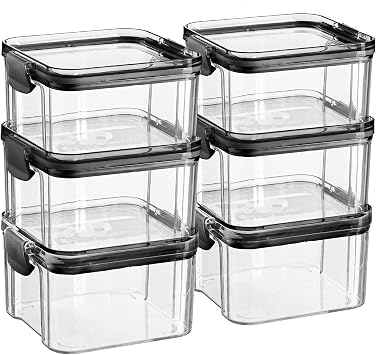 Argon Tableware Food Storage Containers - 460ml - Black - Pack of 6 - Clear Airtight Reusable Stackable Freezer Storage Meal Prep Container Lunch Box with Clip-Lock Lid