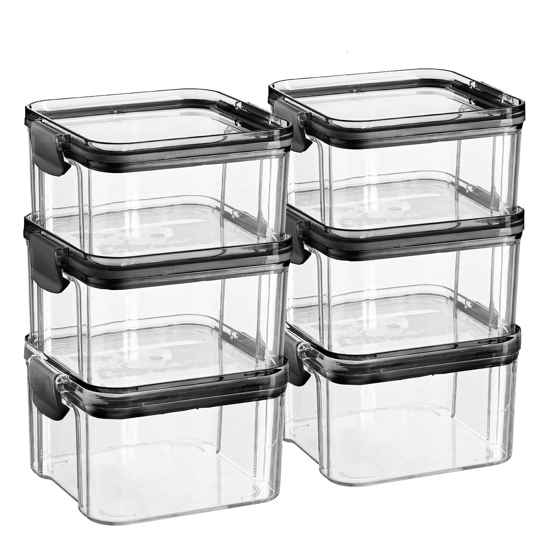 Argon Tableware Food Storage Containers - 460ml - Black - Pack of 6 - Clear Airtight Reusable Stackable Freezer Storage Meal Prep Container Lunch Tupperware Box with Clip-Lock Lid