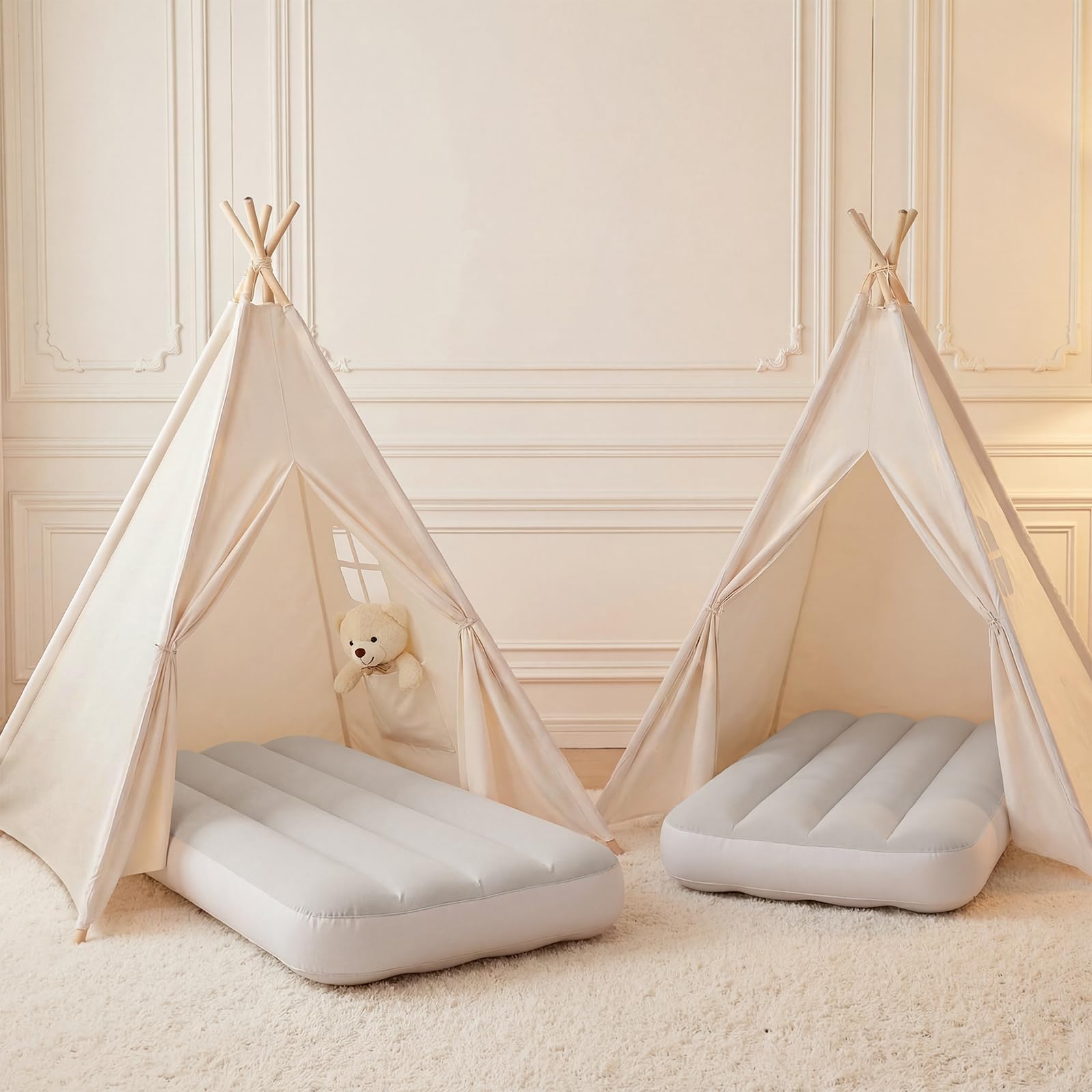 wilwolfer 2 Pack Teepee Tent for Kids with Inflatable Airbed, Indoor Play Tent Foldable for Boys Girls Party Sleepover Slumber Gifts Toy