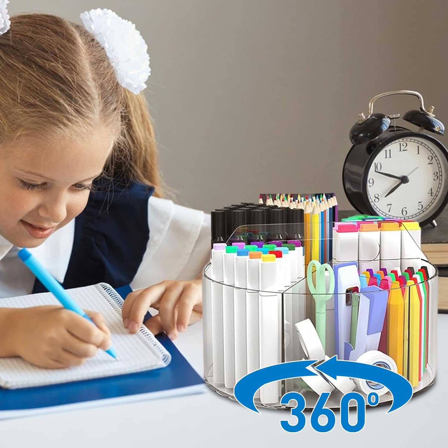 回転式 デスクペン立て - 透明アート用品オーガナイザー - アクリル製コンパクトおしゃれ収納 化粧ブラシホルダー 学校 教室 寝室