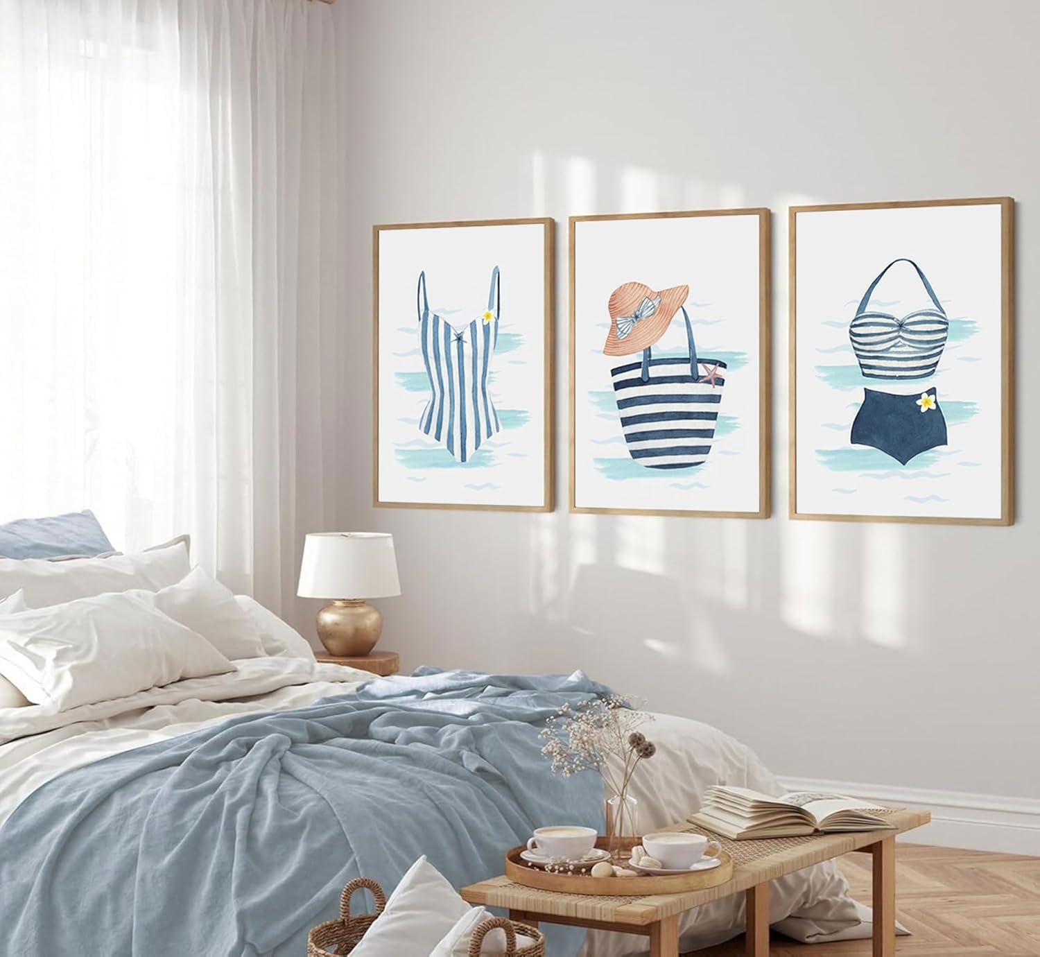 3pcs Coastal Blue Swimsuit Canvas Wall Art Summer Beach Bikini Swimsuit Posters Prints Paintings Coastal Granddaughter Room Pictures Wall Decor for Living Room Bedroom Sea View Room Home Decoration