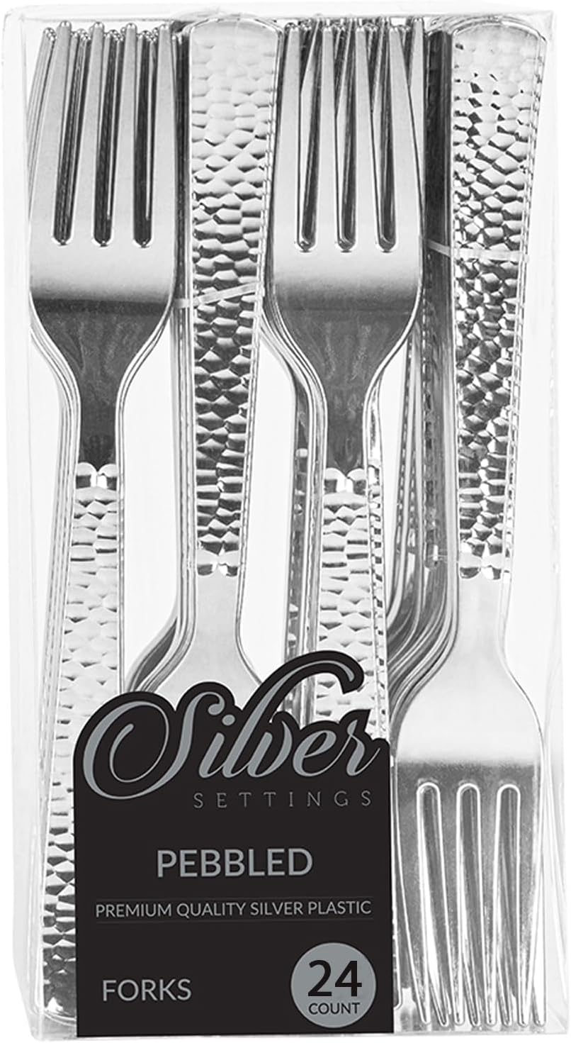 Elegant Hammered Silver Plastic Forks (24ct) - Durable & Stylish - Perfect for Parties, Weddings & Events