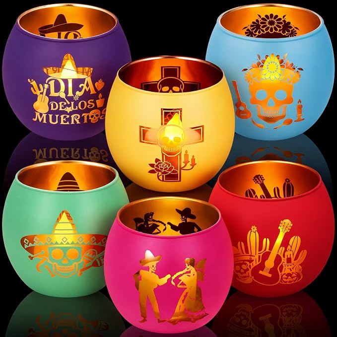 Remerry 6 Pcs Day of The Dead Candle Holders, Dia De Los Muertos Decoration