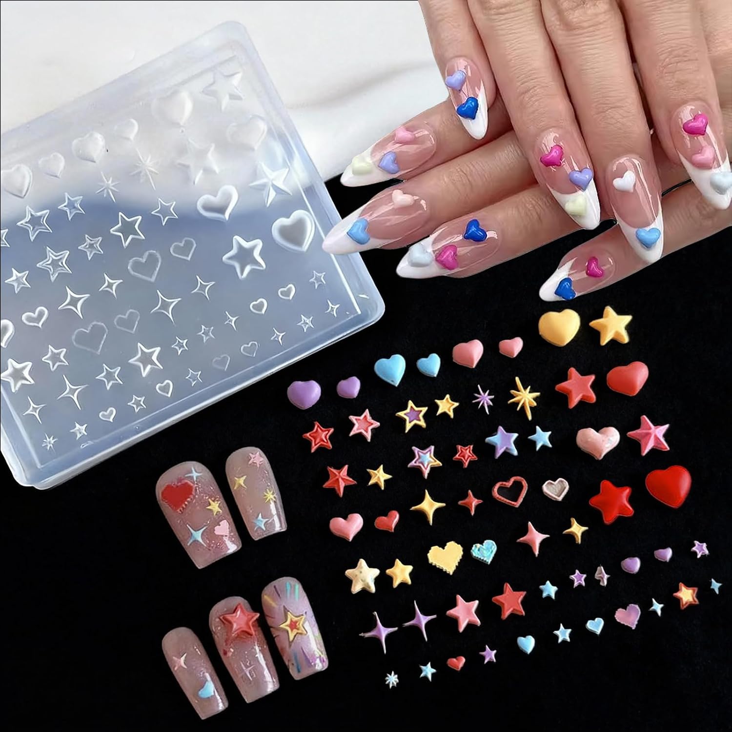 2 Pcs 3D Silicone Nail Molds - Heart & Star Cherry Nail Charms Silicone Mold For Nails, Reusable Mold for Gel Nail Art Sculpture, DIY Resin Charms, Manicure Template for Acrylic & Epoxy