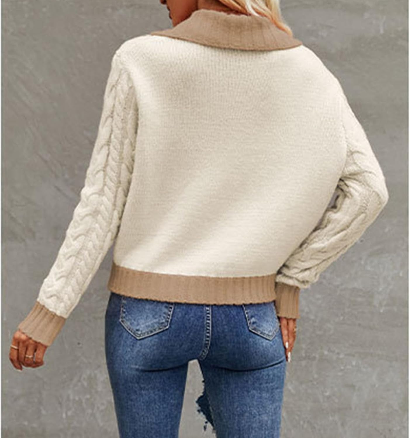 Women's Long Sleeve Button Chunky Knit Sweater Open Front Lapel Cardigan Cropped Outerwear Color Block Overcoat