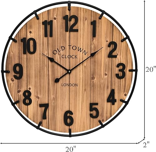 Miniatura 6 de Reloj de pared grande de 20 pulgadas con diseño rústico de madera antigua con círculo de metal y números grandes, silencioso, funciona con pilas,