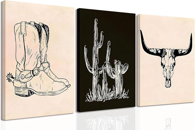 Vintage Western Wall Art Set of 3 Framed Southwestern Cowboy Boots Cactus Longhorn Skull Wall Decor Canvas Prints Pictures Large Rustic Ranch Farmhouse Artwork for Living Room Bedroom 12x16 Inch