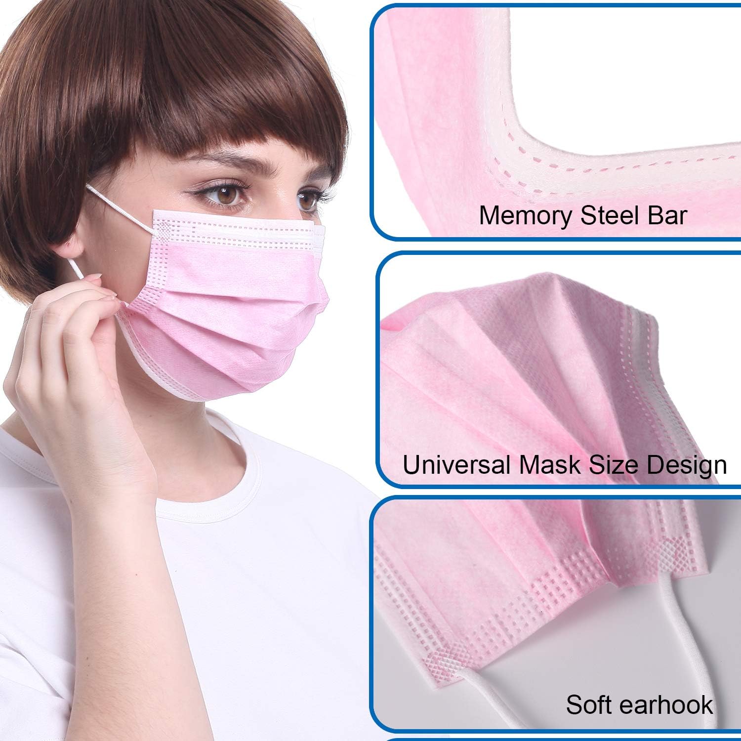 50 Pcs Disposable Face Mask - 3 Ply Protective Safety Face Masks (50 Pcs Pink)