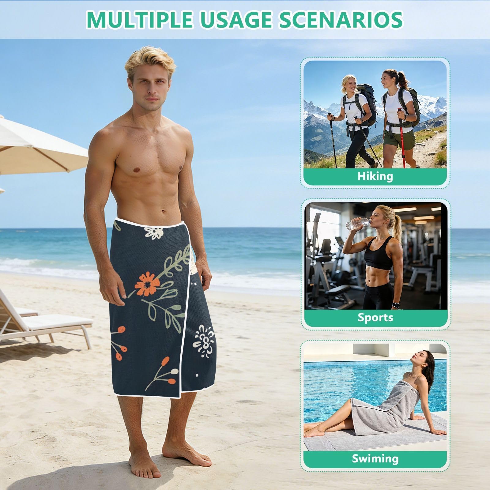 Grandes serviettes de plage avec sacs en maille pour adultes, motif chat et fleur de dessin animé avec fermeture magnétique, serviette absorbante à séchage rapide pour piscine, camping et voyage