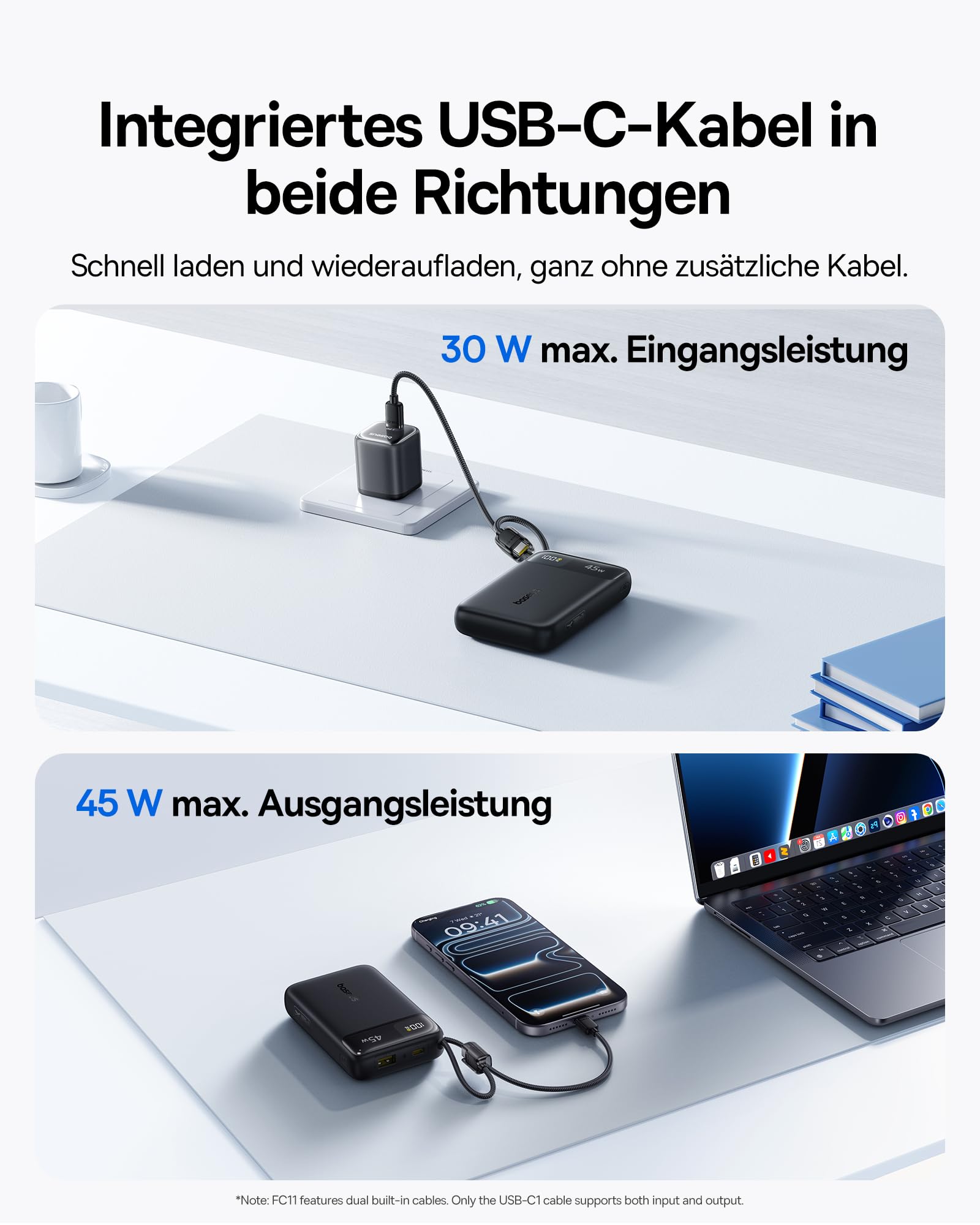 Baseus FC11 Powerbank 45W 20000mAh mit 2 Integriertem USB-C Kabel, Power Bank Klein CCC Zertifizierung mit LED Display, Externe Handyakkus Mini für iPhone 17/16/15/14 Pro Max, iPad, Samsung, Schwarz