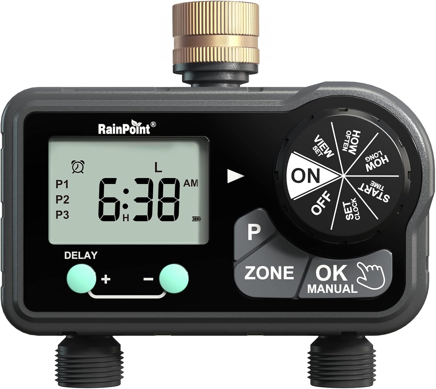 RAINPOINT Brass Sprinkler Timer 2 Stations, Large Digital Water Timer for Garden Hose with 6 Programmable Procedure, with Delay/Manual/Auto Irrigation Mode for Week/Specific/Daily Watering
