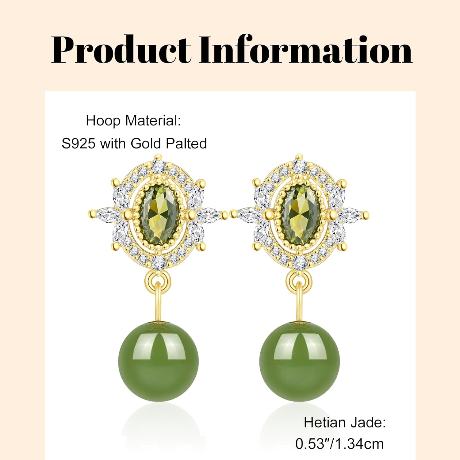 Natural Hetian Jade Earrings, Dainty Green Real Jade Charm Pendant Jewelry Studs, Zircon Shines Turquoise Earrings for Women (925 Sterling Silver with Gold Plated) - Image 2