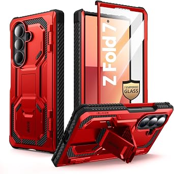 i-Blason Armorbox for Samsung Galaxy Z Fold 7 Case with Stand, 9H+ Tempered Glass Screen Protector [Hinge Protection] Full-Body Heavy Duty Rugged Shockproof Protective Case for Z Fold 7 Red