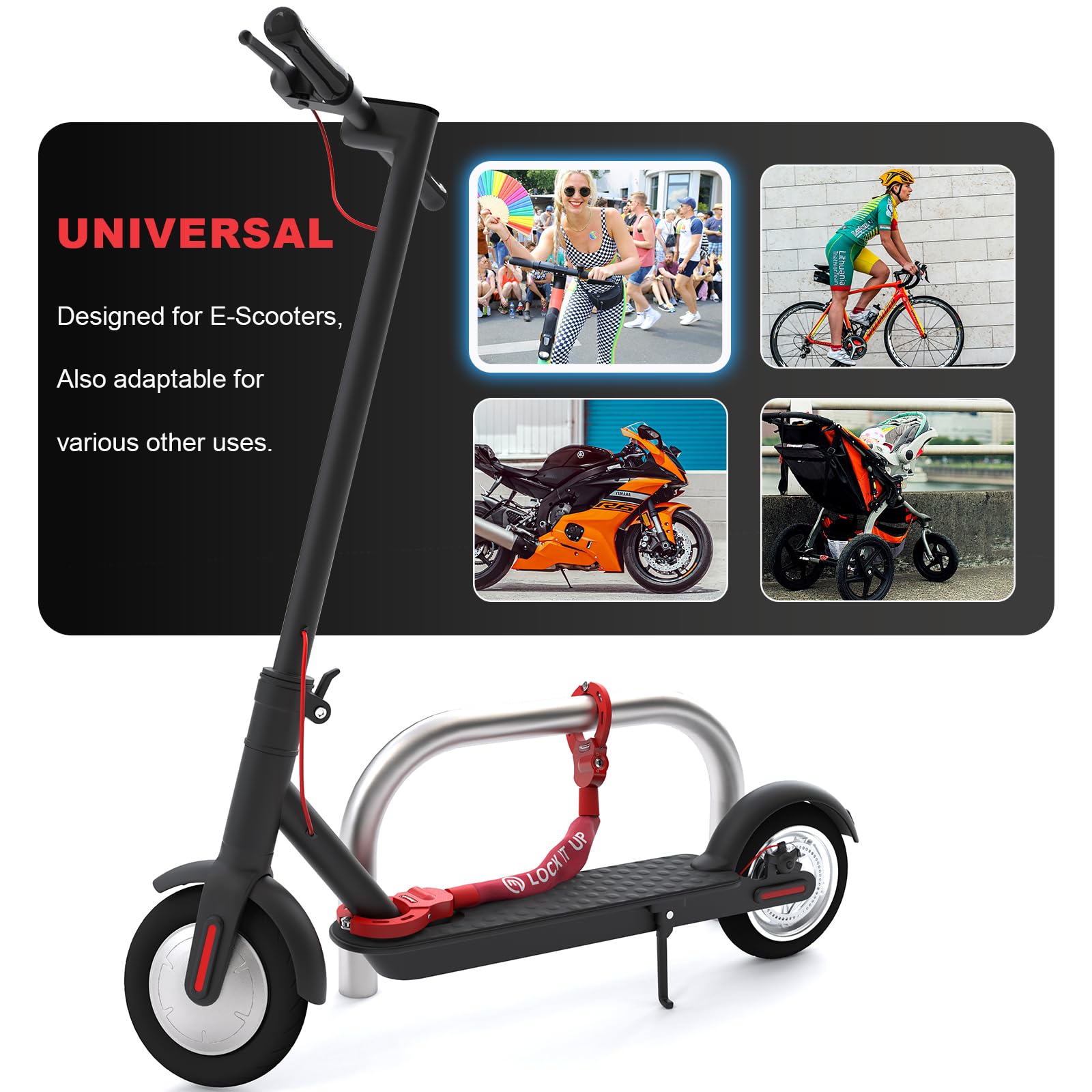 E-Scooter Kettingslot – 8 Mm Dik Gehard Staal – Incl. Waterdichte Opbergtas – Reflecterend