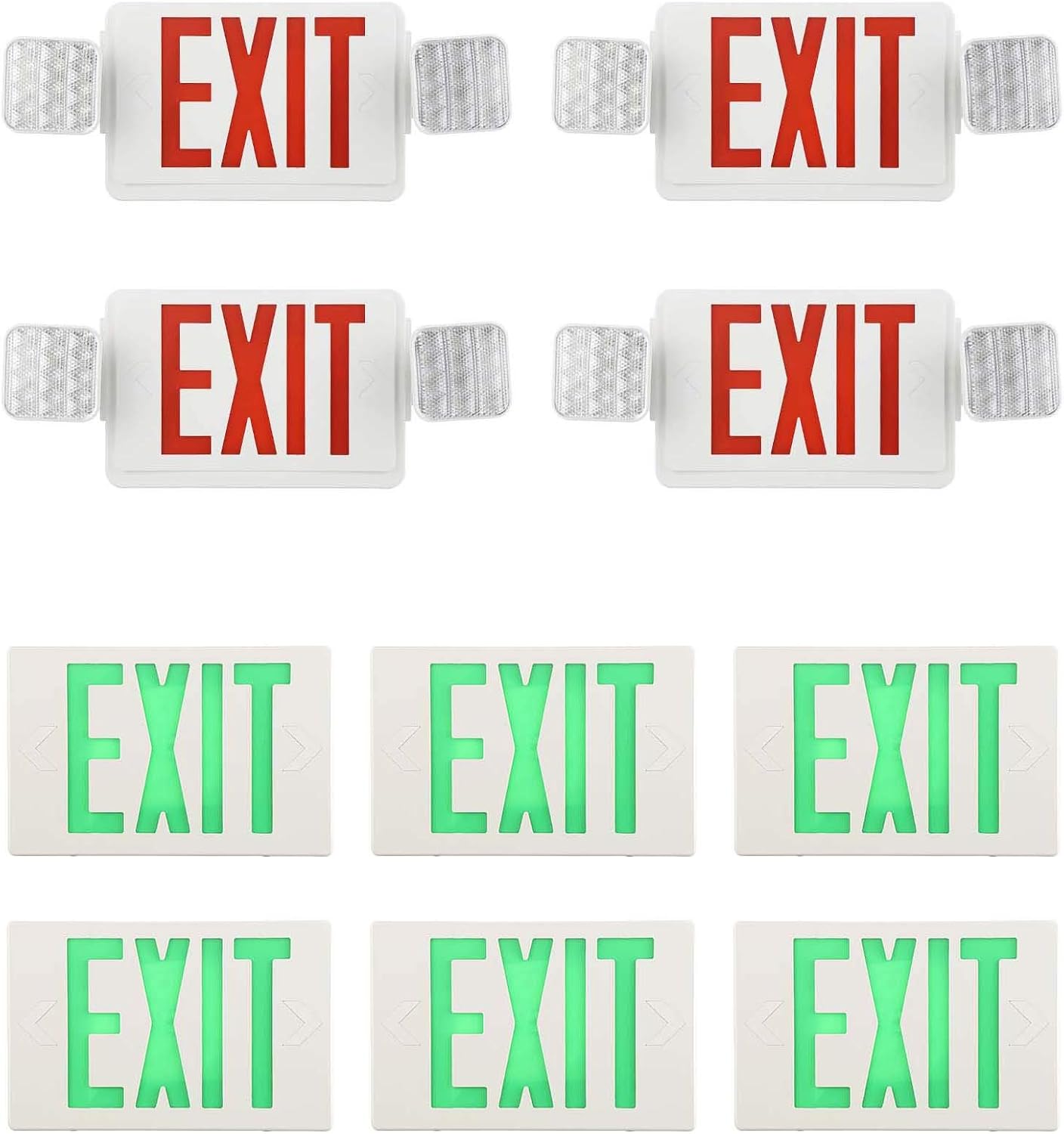 SPECTSUN 4 PACK Red Emergency Exit Sign Lights Combo with 2 Led Heads and 6 Pack Green LED Exit Sign with Battery Backup Hard-wired Exit Door Sign for Business & Home