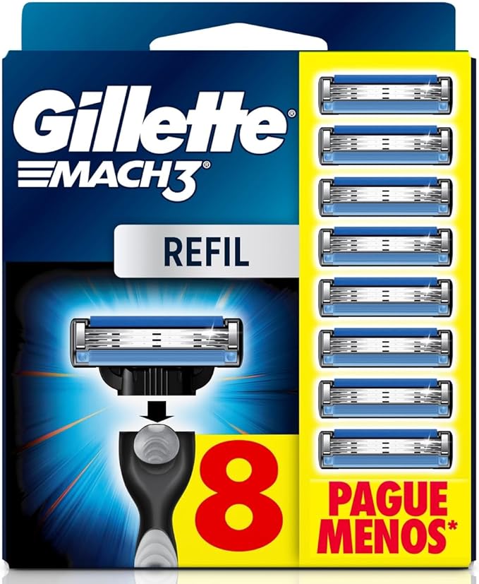 Embalagem do produto Gillette Mach3 contendo 8 refis de lâminas de barbear com destaque promocional Pague Menos