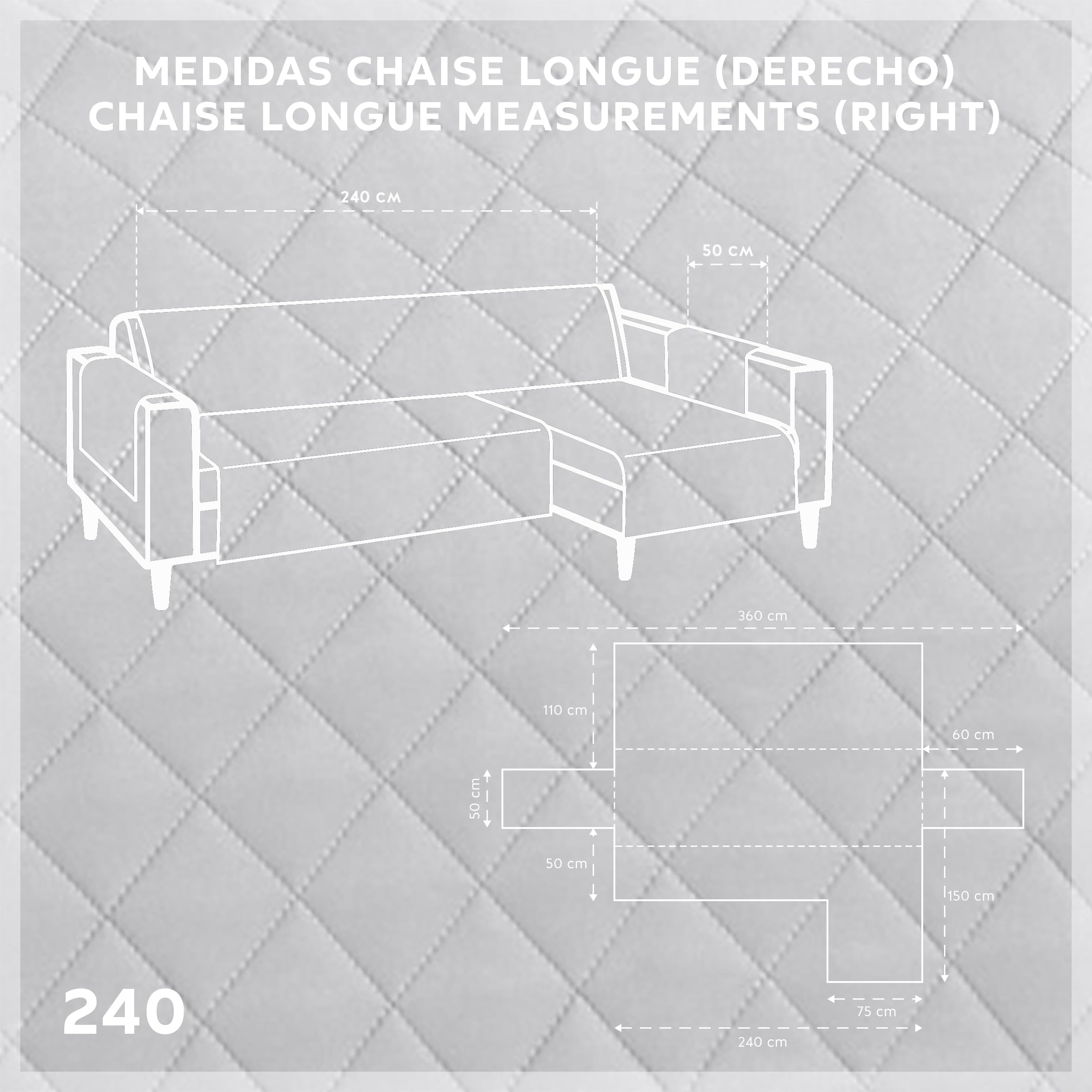Textilhome Copridivano Chaise Longue con Penisola Malu 240cm – Salvadivano Trapuntato Universale con Bracciolo Destro, Protezione per Animali Domestici, Colore Grigio Chiaro (Visto da Davanti)