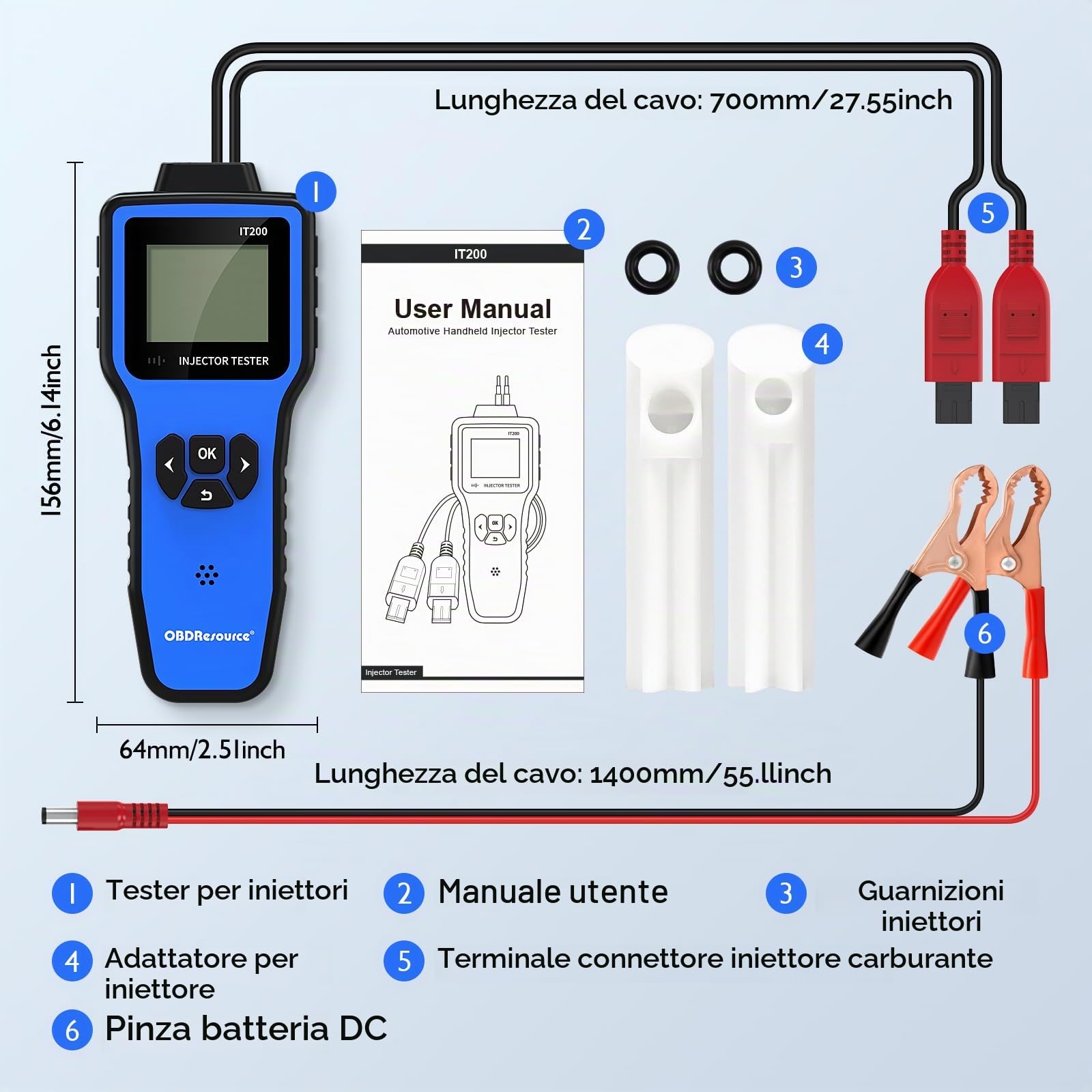 OBDResource Tester digitale a doppio iniettore, 5 V/12 V, tester per iniettori diesel, 5 modalità di prova e display HD, con 2 adattatori per pulizia iniettori