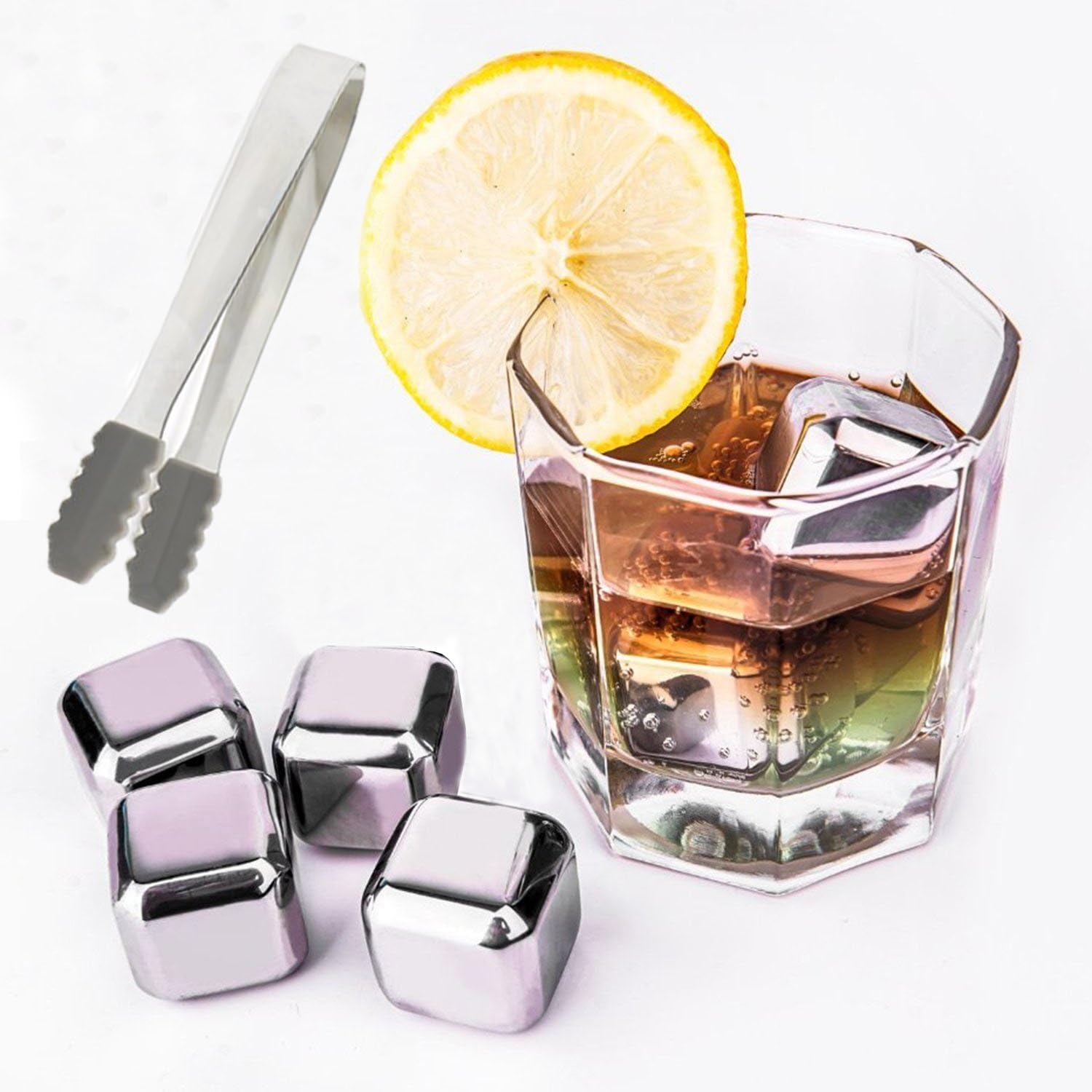 Stainless Steel Whiskey Stones, Aimetech Gift Set 8 PCS Reusable Ice Cubes Wine Chilling Rocks Drink Coolers with Tray and 1 Ice Tong