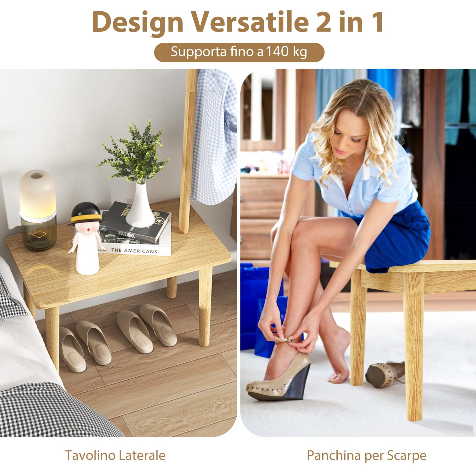 COSTWAY Appendiabiti in Legno con Tavolino, 2 in 1 Appendiabiti con Panca per Scarpe, 3 Ganci per Cappelli, Borse e Giacche, Attaccapanni per Camera Salotto Corridoio, Carico 140 kg (Naturale)