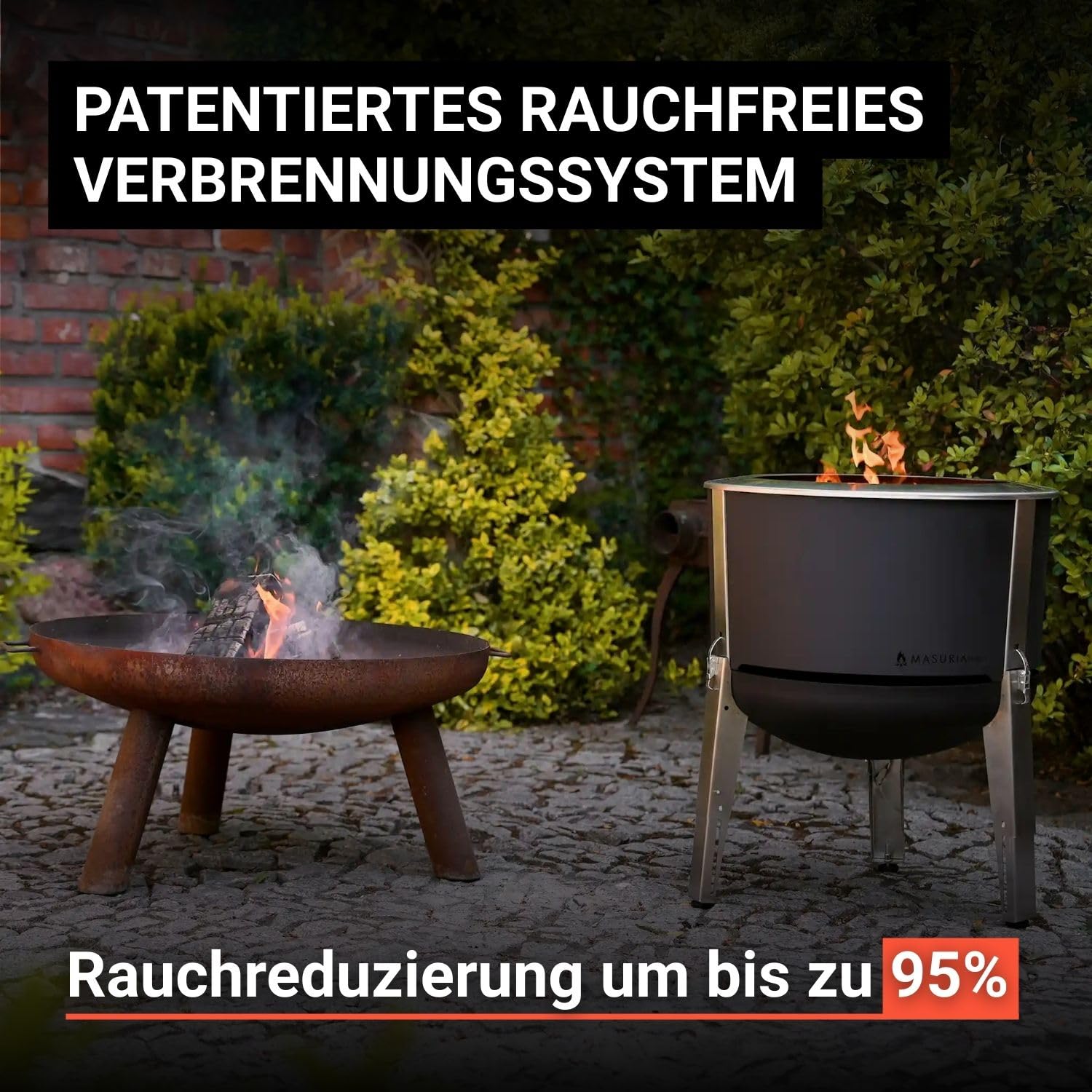 Masuria Rauchfreie Feuerschale 60cm Alpha 600 Edelstahl Tragbare Feuertonne Patentierte Rauchreduzierung
