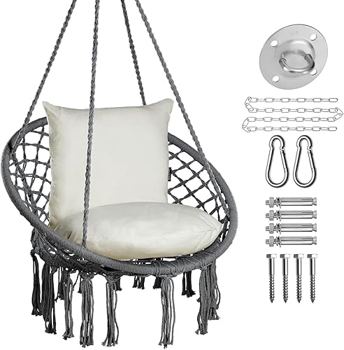 JoyView Hamaca ChairMax - Silla columpio de macramé de 330 libras con 2 cojines y kits de accesorios para colgar, silla colgante de cuerda de JoyView Hamaca ChairMax - Silla columpio de macramé de 330 libras con 2 cojines y kits de accesorios para colgar, silla colgante de cuerda de