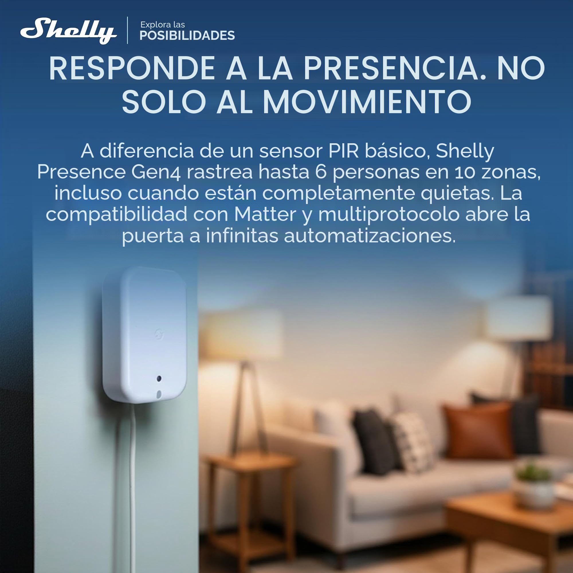 Shelly Presence Gen4 Blanco – Sensor de Movimiento y Presencia Zigbee, Wi-Fi y Matter, 42 m², 180°, Detección 6 Personas y 10 zonas, Montaje en pared o superficie, Control Inalámbrico Shelly App, Alex