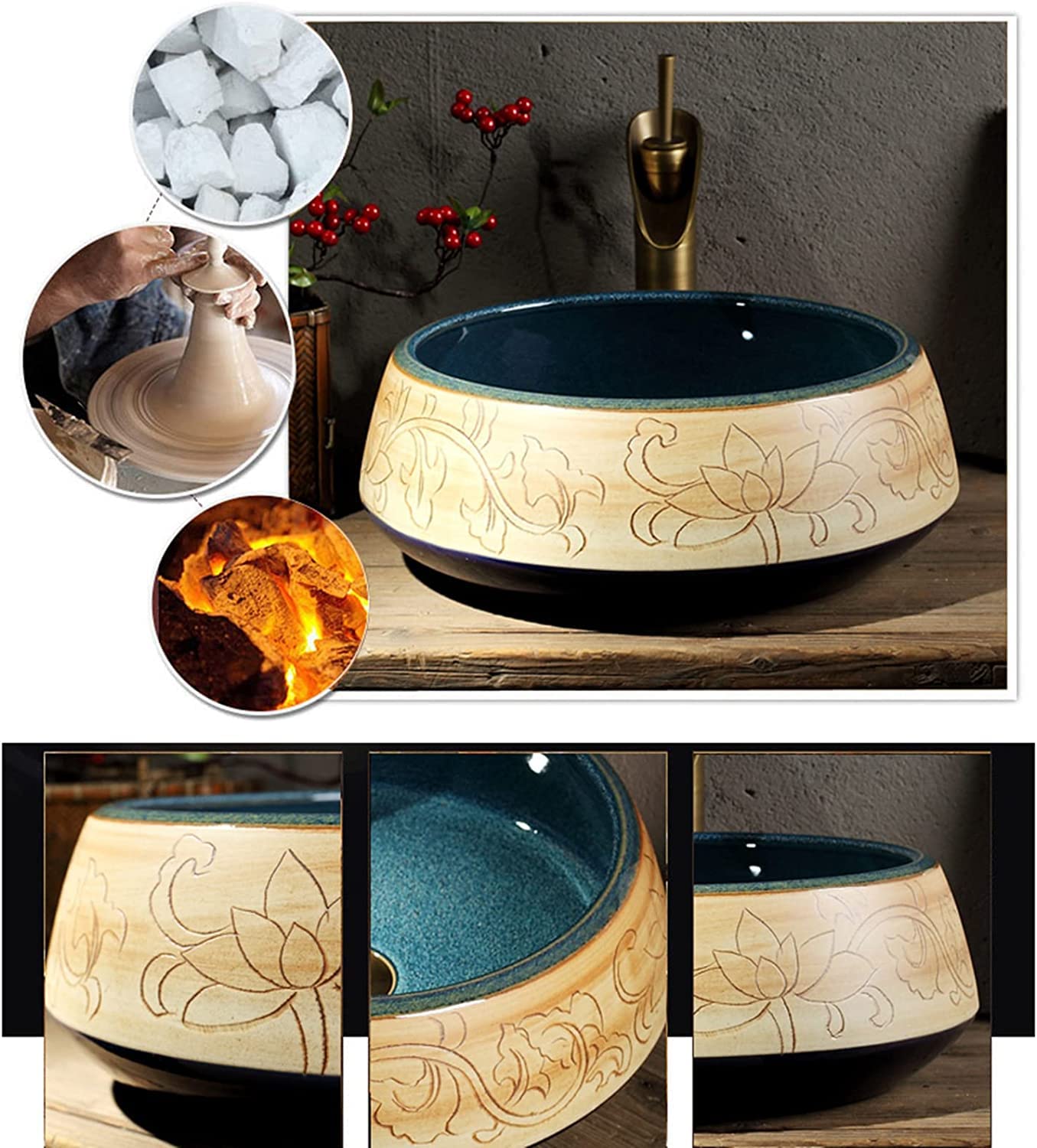 Ceramiczna Umywalka Łazienkowa, Ceramiczna Umywalka Nablatowa, Okrągła, Grawerowana Umywalka Łazienkowa, Artystyczna Umywalka Nablatowa 41 * 41 * 15 Cm, Minimalistyczna Umywal,Green Singlebasin