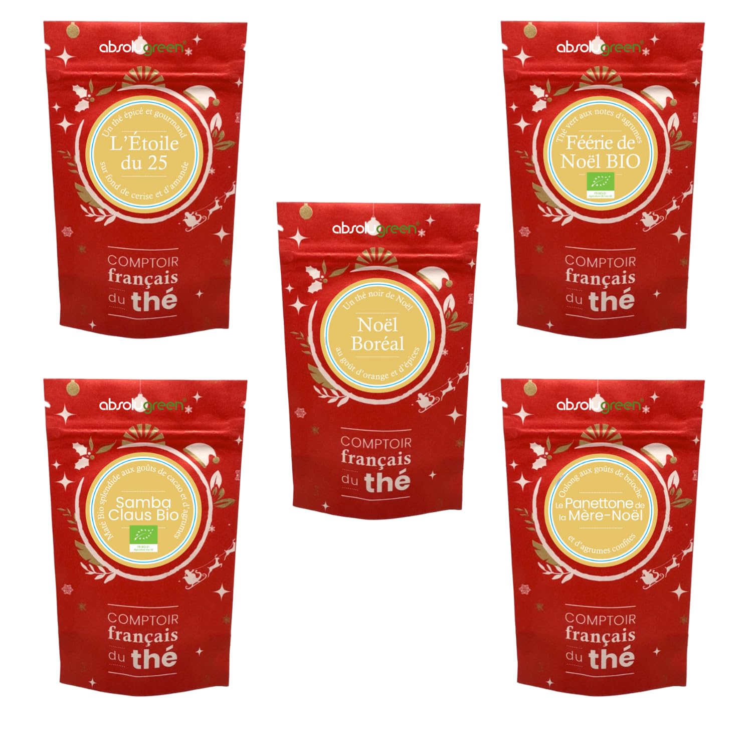 Coffret de Noël – Comptoir Français du Thé – 5 Thés Gourmands et Festifs en Pochettes de 20g – Coffret Cadeau Blanc Édition Limitée