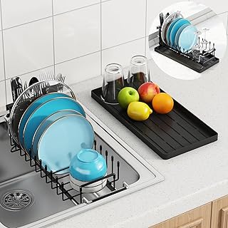 ANTOPY Compact Dish Drainer, Expandable Small Sink Drainer Rack, Stainless Steel Dish Drying Rack Over the Sink with Cutlery Holder Drip Tray, Dish Drainer Rack Fit for 14’’-19’’ Kitchen Sink