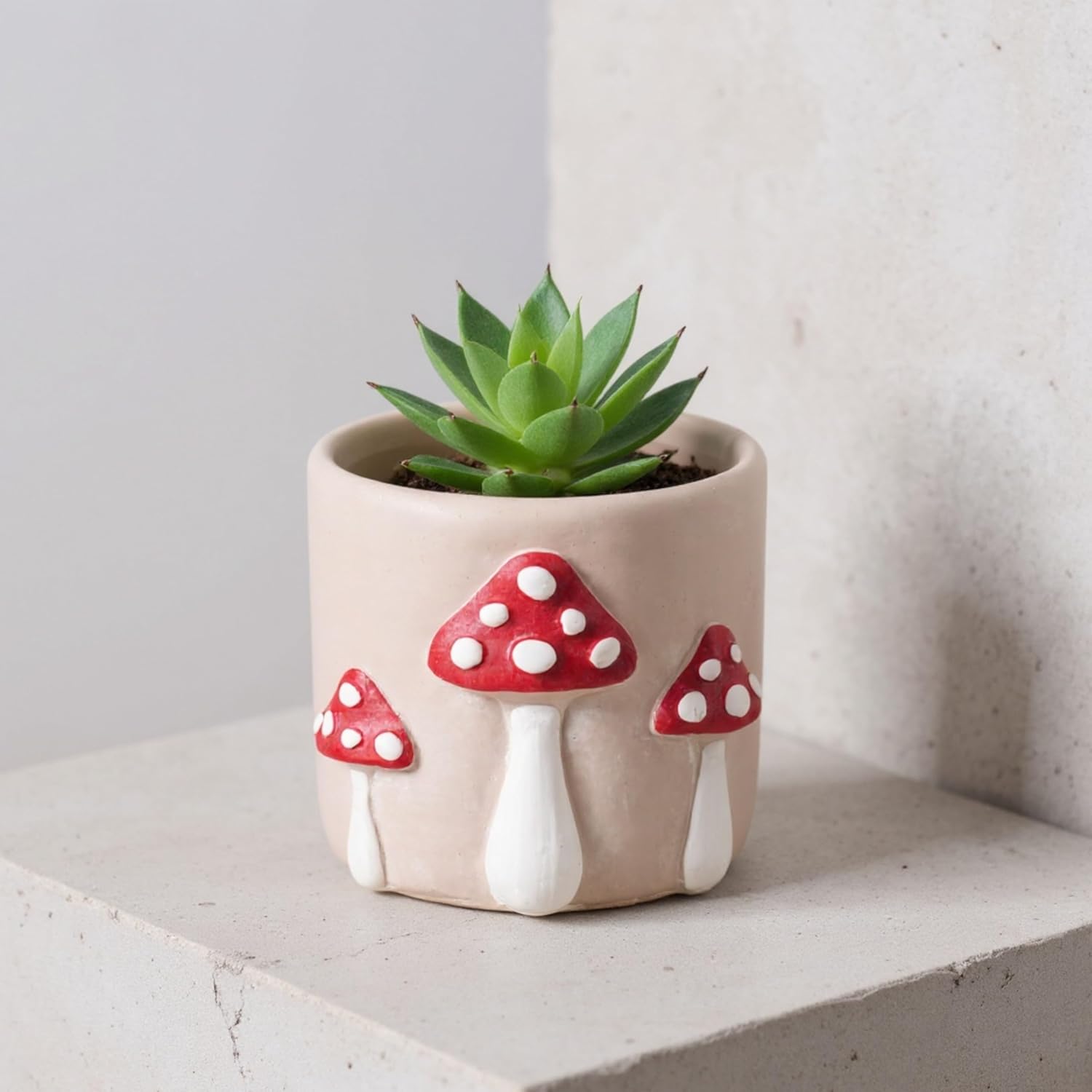 Cement Planter Pots - Planters for Indoor or Outdoor Decoration - Patio or Garden Decor for Outside - Whimsical Mushroom Design Accent, Home Decor – 6", Red