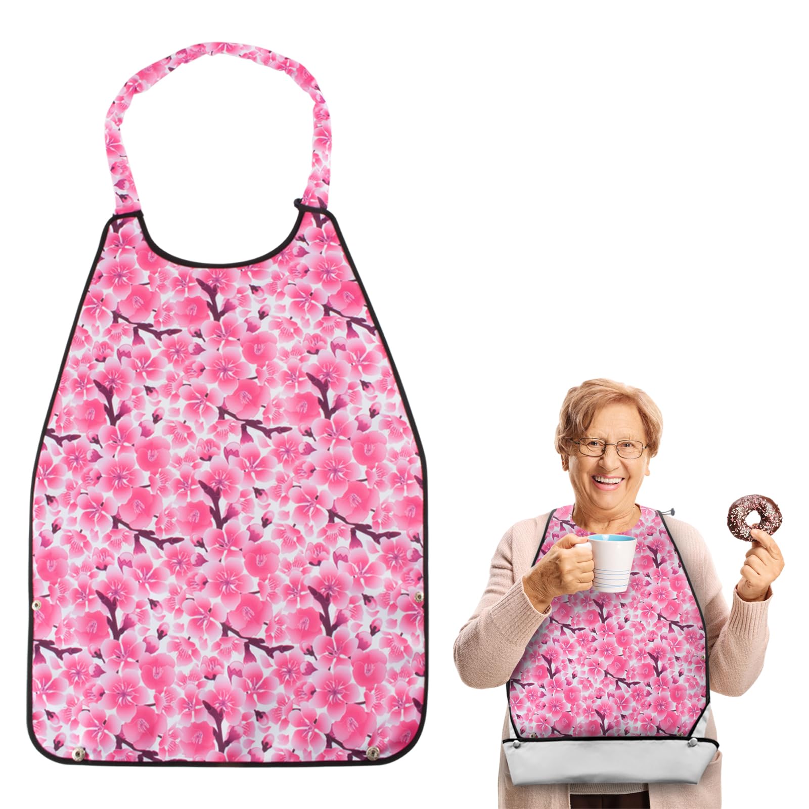 Adult Bib for Elderly Woman with Adjustable Neck Closure, with Crumb Catcher Pouch