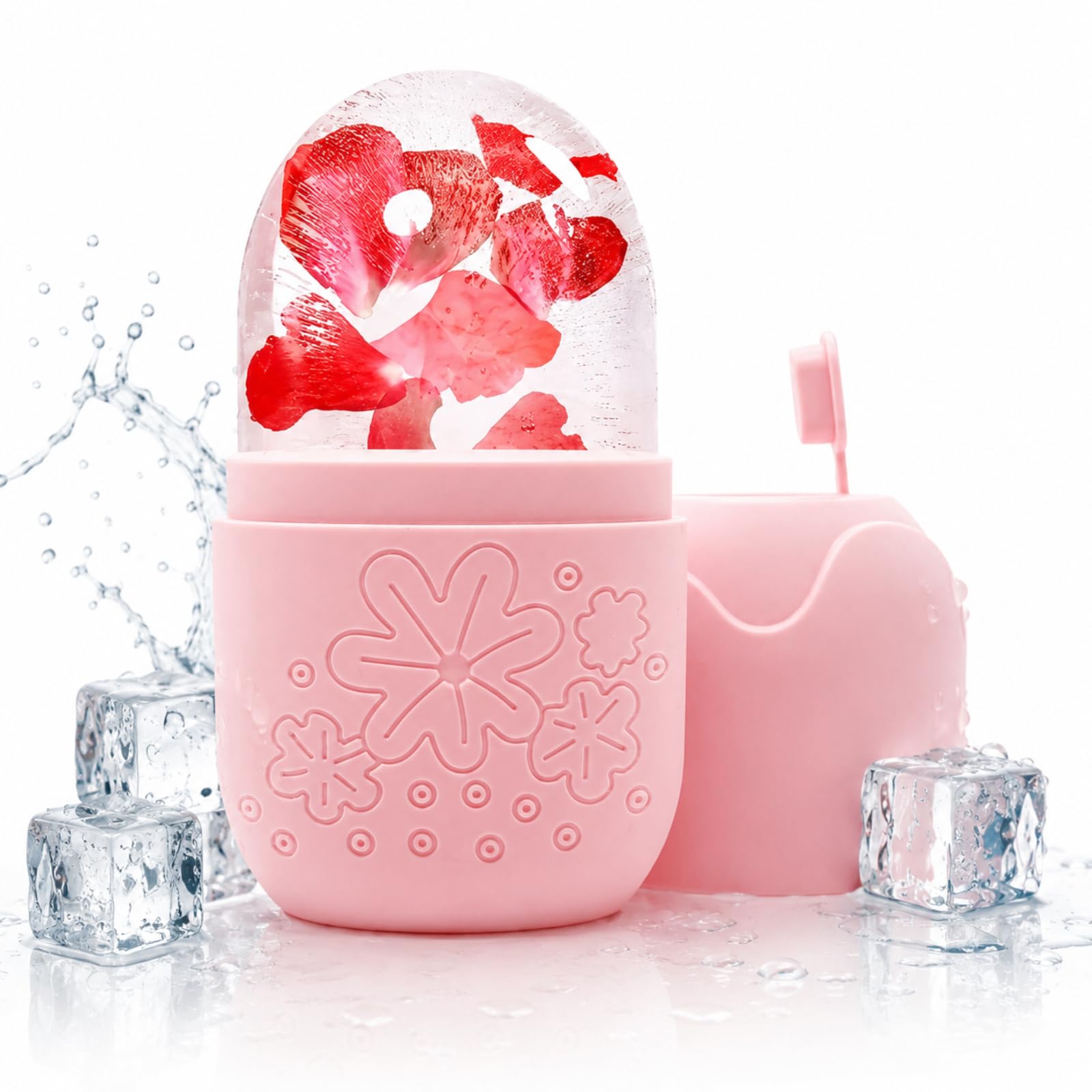 JADUFHU Ice Roller for Face and Eyes, Soothes Puffiness & Sunburn Relief, Facial Beauty Massager, Reusable Silicone Roller Mold, Pink