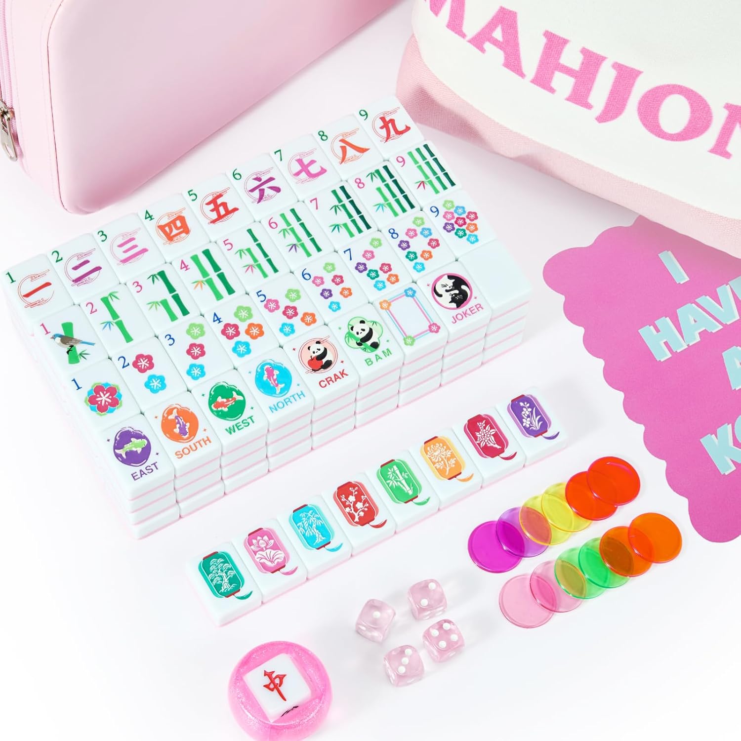 KOLIN American Mahjong Tile Set 160 Mahjong Tiles Set with Bag Pink Back Melamine 1.2 Inch Unique Design Engraved Pattern for Women Adult Mah Jong Tabletop Games Gift for Mah-jongg Lover Beginner