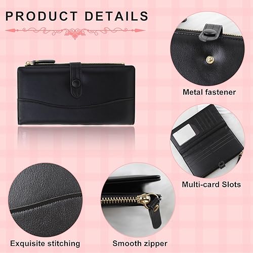 Miniatura 3 de Cartera de cuero plegable para mujer, con cierre a presión, larga y gran capacidad, para tarjetas de crédito, Negro -, Classic