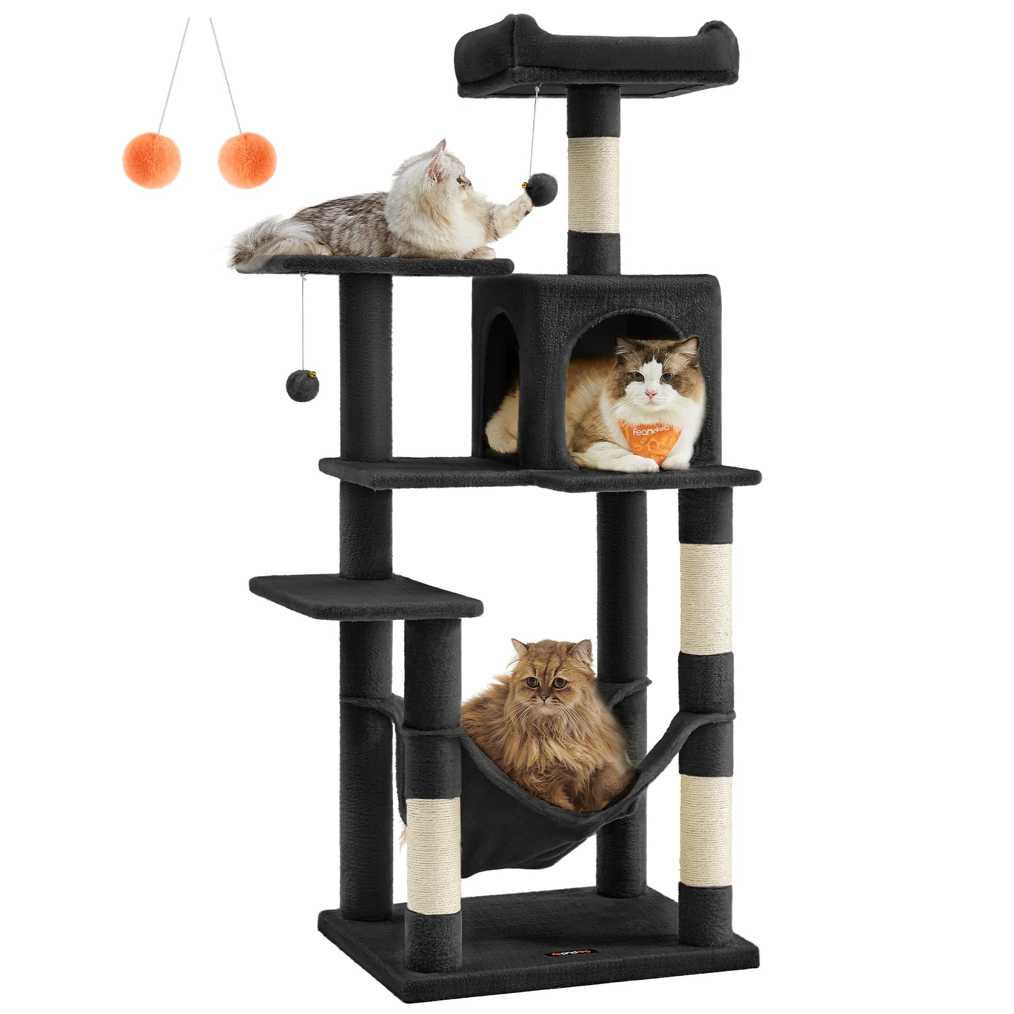 Albero Per Gatti Feandrea 143cm - Tiragraffi Con Grotta, Amaca, 4 Pali E Pompon, Grigio Chiaro - Foto 6